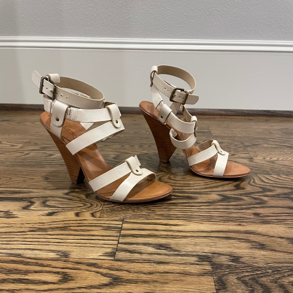 ALDO eggshell leather wood heel sandals